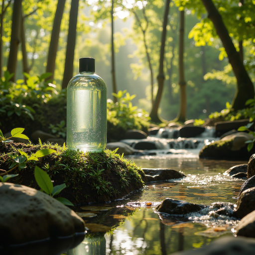 津品天然山泉水产品,透明塑料桶装,标签显示天然山泉水字样,背景为青山绿水,体现自然环境